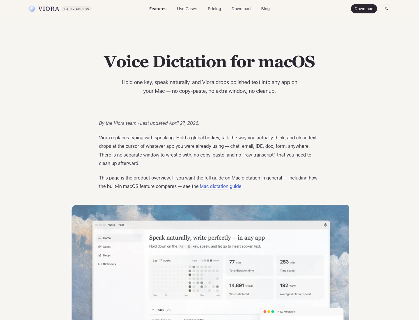 Viora voice dictation for macOS page