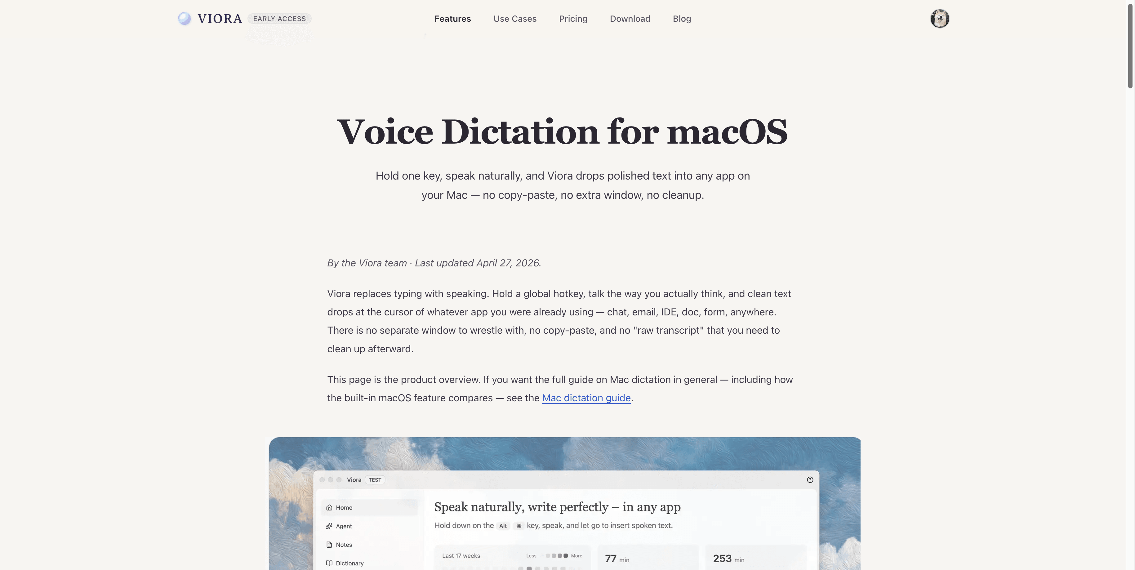 Viora voice dictation for macOS page showing the hold-to-talk writing workflow